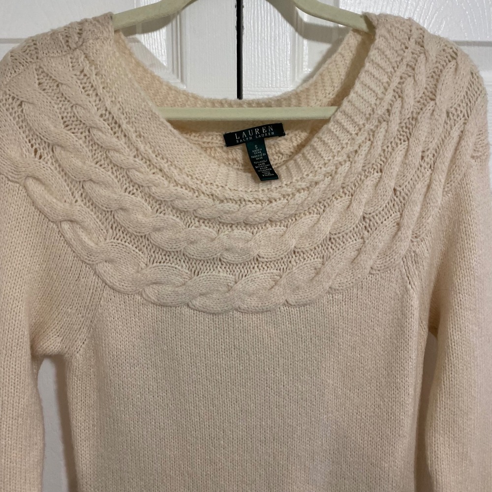 Lauren Ralph Lauren Sweater Dress Coquette Womens S Cream Cable Knit Midi Wool - Picture 6 of 7